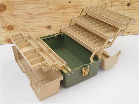 green metal tackle box|fold out tackle box.